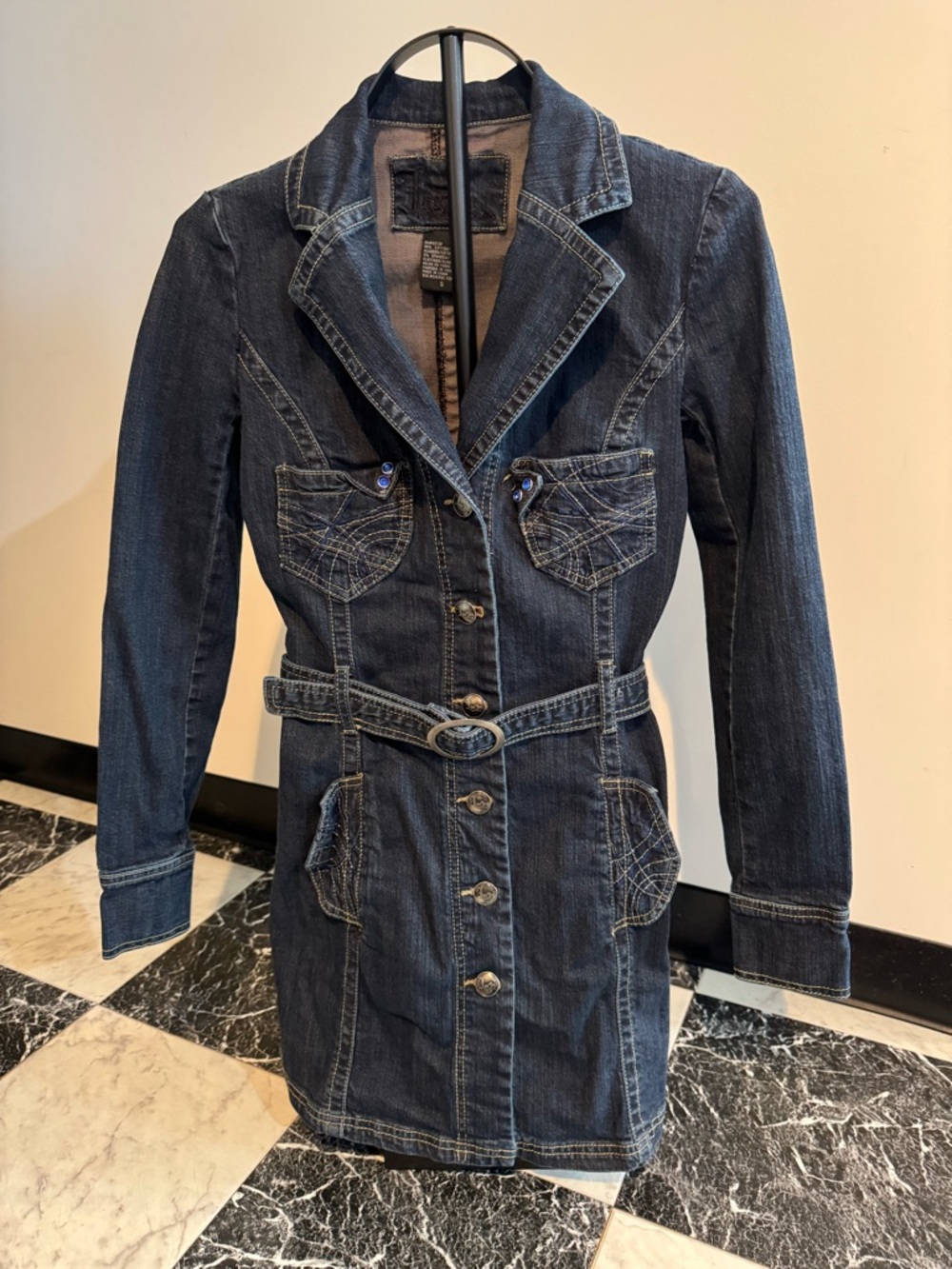 Jou Jou Y2K Fitted Dark Denim Jacket Dress Belted Small Western Festival